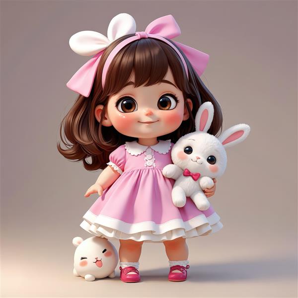 تصویر گرافیکی کودک ایستاده با لباس صورتی و دو عروسک خرگوش سفید، پس‌زمینه ساده برای کارهای گرافیکی