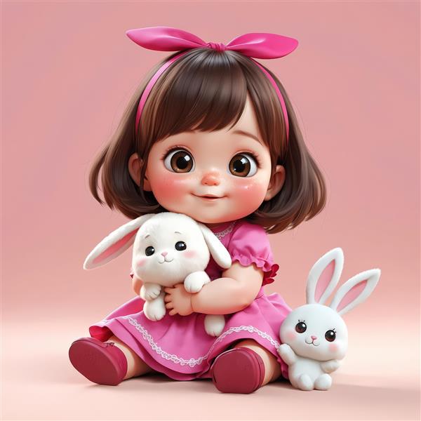 تصویر انیمیشنی دختر کودک نشسته با دو خرگوش عروسکی سفید، طرحی شاد و روشن برای تابلوی دکوراسیون