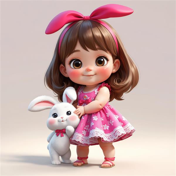 تصویر وکتور سه‌بعدی دختر بچه با پیراهن طرحدار و هدبند پاپیونی در کنار عروسک خرگوش، برای چاپ پوستر