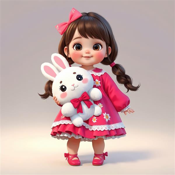 طرح کارتونی باکیفیت بالا از عروسک دختر با موهای بافته و پیراهن قرمز صورتی و خرگوش عروسکی بزرگ