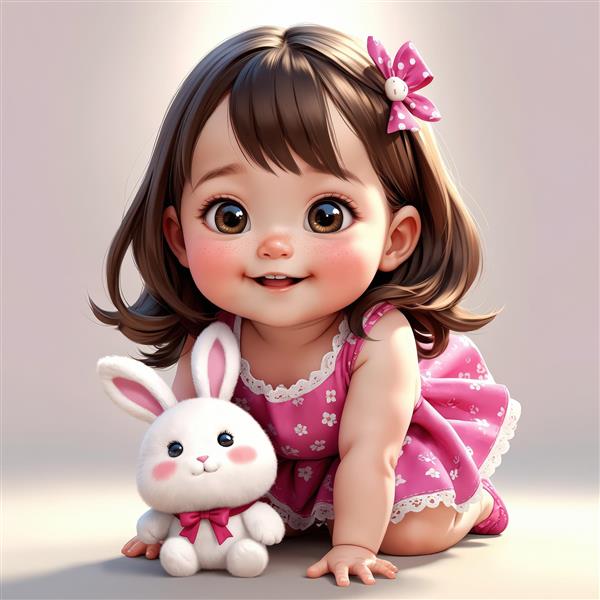 تصویر فانتزی و سه‌بعدی نوزاد دختر با پیراهن صورتی در حال سینه خیز و خرگوش عروسکی سفید، مناسب چاپ