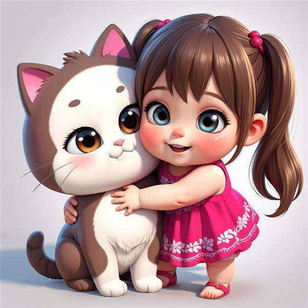 تصویر گرافیکی باکیفیت کودک دخترانه با پیراهن گلدار صورتی در آغوش گرفتن عروسک گربه بزرگ