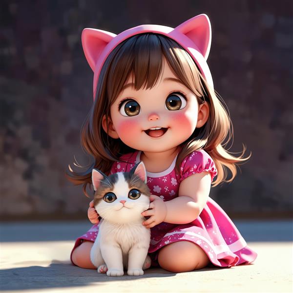 تصویر دیجیتال و سه‌بعدی عروسک دختر با هدبند گوش گربه‌ای و بچه گربه، برای چاپ تابلو و دکور اتاق نوزاد