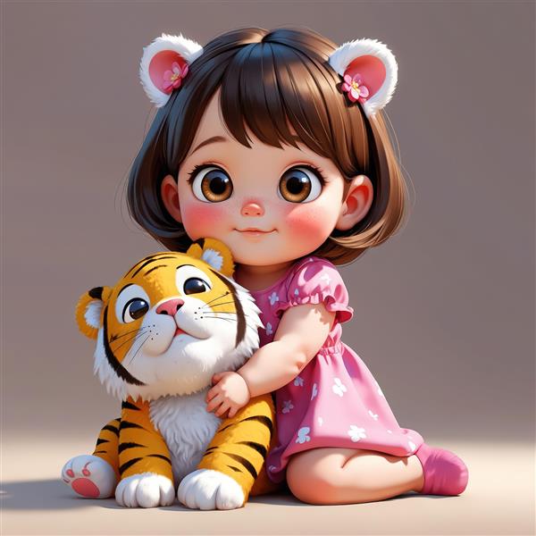 تصویر کارتونی و سه‌بعدی کودک دختر با لباس صورتی در کنار عروسک ببر، مناسب پوستر و اتاق کودک
