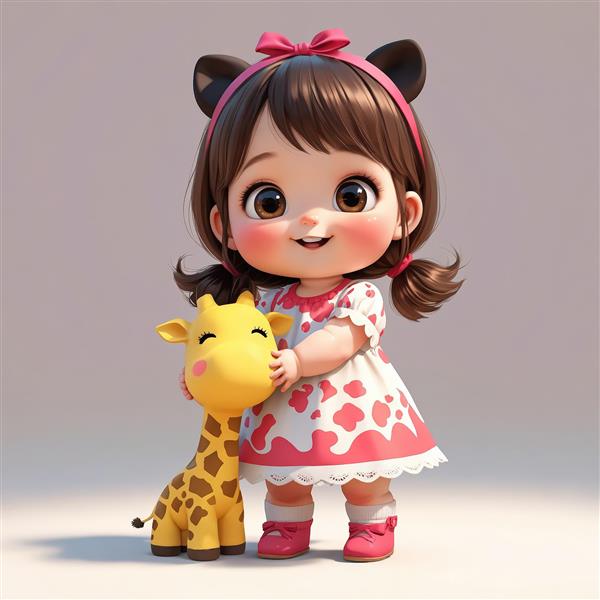 کاراکتر دختر بچه با لباس طرح گاو، در حال بغل کردن عروسک زرافه (طرح بامزه اتاق کودک)