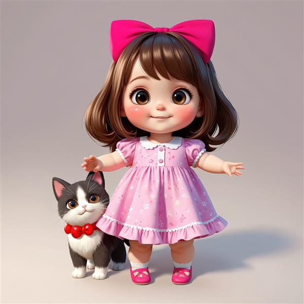 تصویرسازی دختر بچه با پاپیون صورتی بزرگ، ایستاده کنار گربه خانگی (کیفیت بالا برای چاپ تابلو)