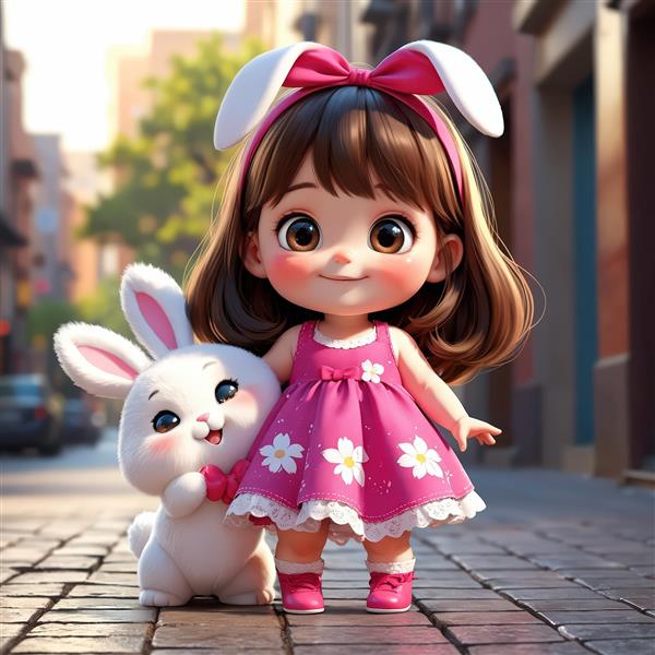 عکس دختر بچه با تل خرگوشی و لباس صورتی، ایستاده کنار خرگوش در خیابان (طرح سه‌بعدی)