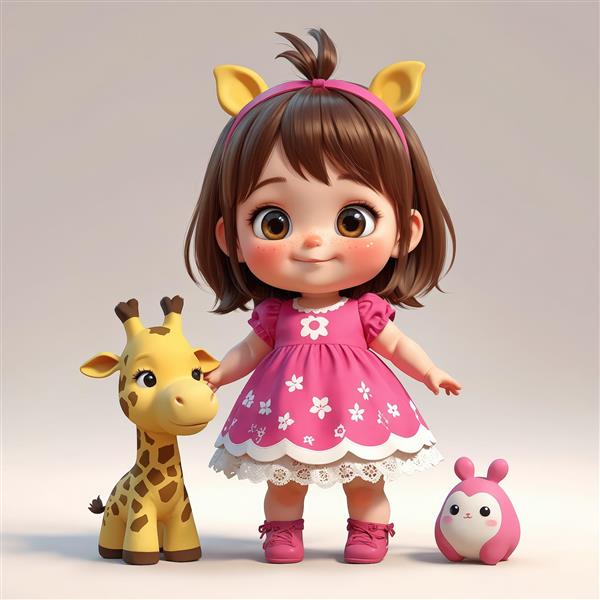 دانلود عکس دختر فانتزی با لباس صورتی و تل زرافه، همراه با عروسک‌ها (مناسب پوستر)