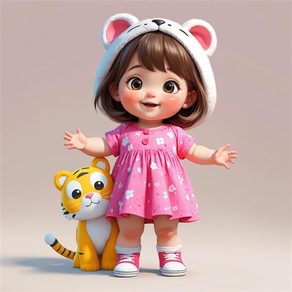 عکس استوک دختر بچه با کلاه فانتزی و لباس صورتی، ایستاده کنار عروسک ببر (طرح دکوراتیو)