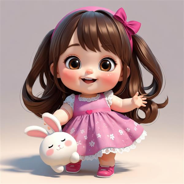 تصویرسازی دختر بچه با موی خرگوشی، در حال بازی با عروسک خرگوش (کیفیت بالا برای چاپ)