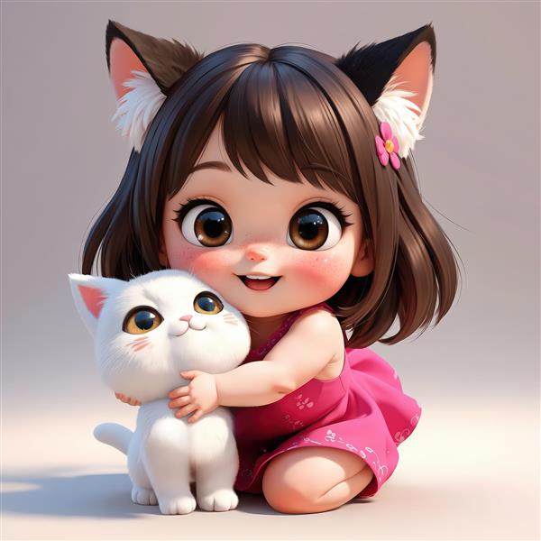 کاراکتر سه‌بعدی دختر با گوش‌های گربه‌ای، در حال بغل کردن گربه سفید (طرح فانتزی و زیبا)