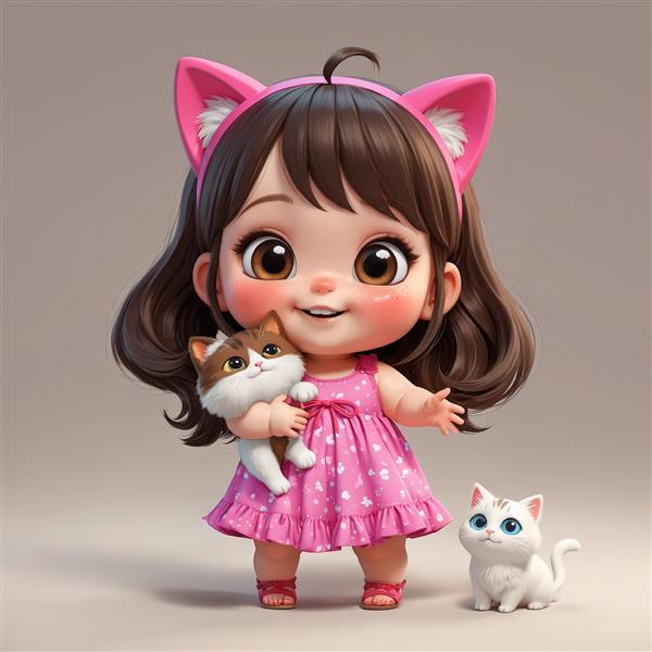 دانلود تصویر دختر بچه فانتزی با تل گربه‌ای، در حال بغل کردن بچه گربه (پوستر اتاق کودک)