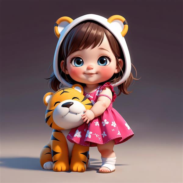 عکس باکیفیت دختر بچه با کلاه ببری، در حال بغل کردن عروسک ببر (طرح سه‌بعدی اتاق کودک)