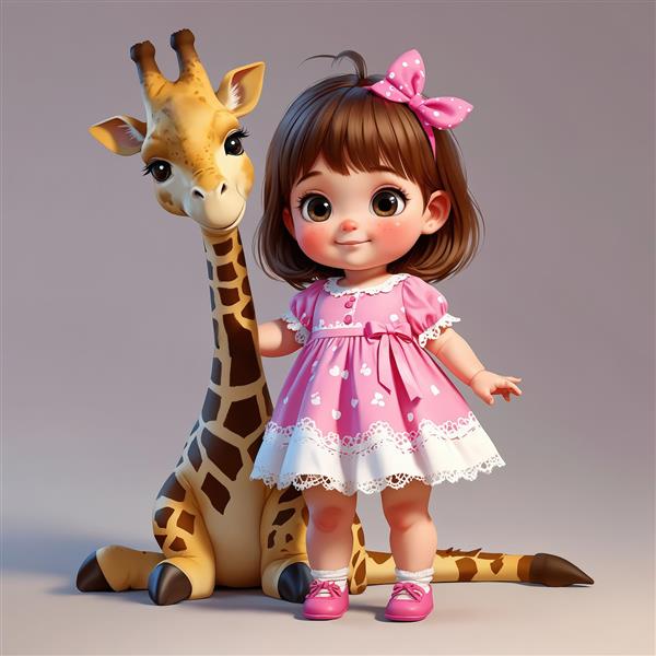 تصویرسازی دختر بچه با لباس صورتی و پاپیون، ایستاده کنار زرافه کارتونی (عکس باکیفیت اتاق کودک)