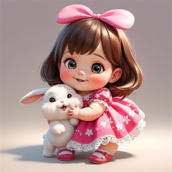 دانلود عکس دختر بچه کارتونی بامزه در حال بغل کردن خرگوش (مدل سه‌بعدی با لباس صورتی)