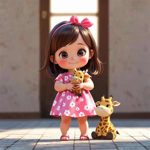 عکس باکیفیت دختر بچه با لباس صورتی گلدار، در حال بازی با عروسک زرافه (طرح دکوراتیو)