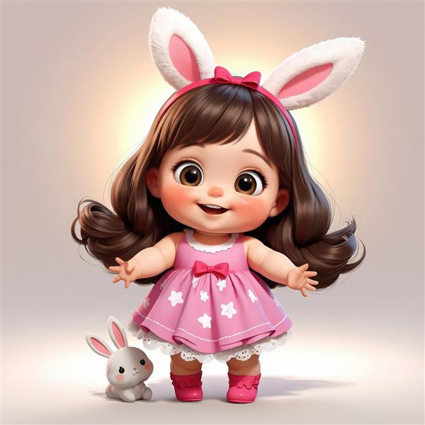 طرح گرافیکی دختر بچه با لباس صورتی و گوش خرگوش، ایستاده کنار عروسک خرگوش (کاراکتر فانتزی)
