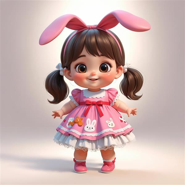 تصویرسازی دختر بچه با گوش خرگوشی و موی دم اسبی، لباس صورتی طرح خرگوش (مناسب پوستر)