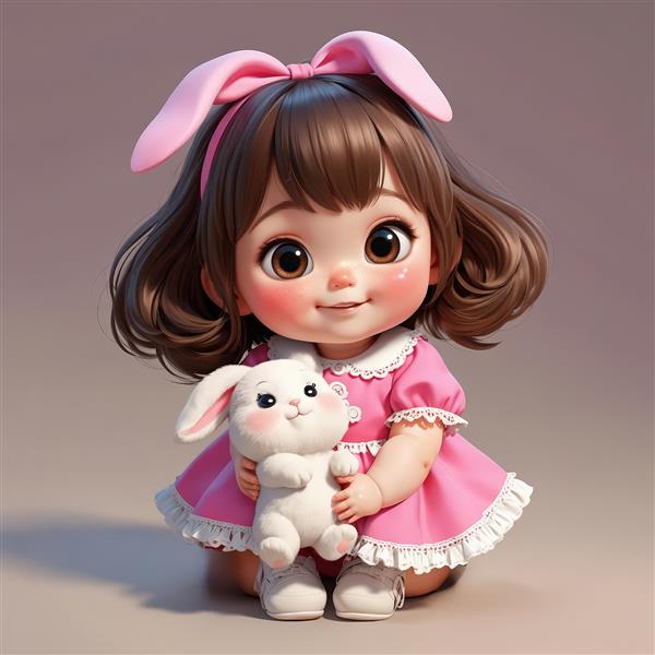 عکس دختر بچه با لباس صورتی و تل خرگوشی، در حال بغل کردن خرگوش سفید (طرح سه‌بعدی اتاق کودک)
