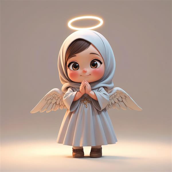 کاراکتر فرشته دختر محجبه با حجاب آبی طوسی، ایستاده در حال مناجات (مدل سه‌بعدی دکوراتیو)