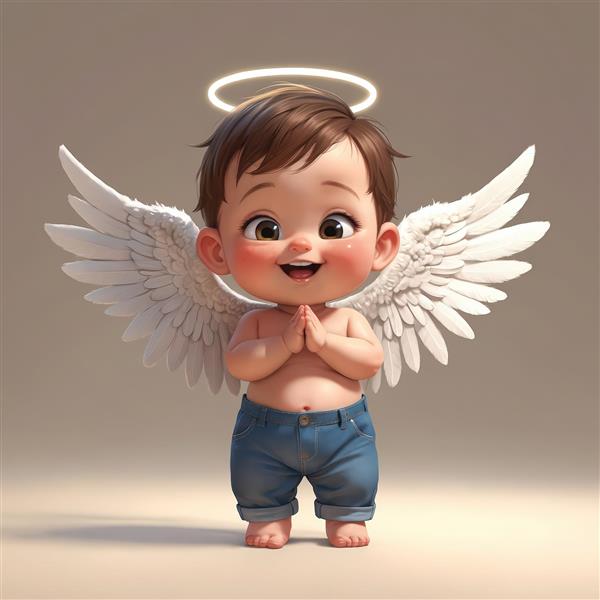 دانلود طرح فرشته پسر بچه مدرن با شلوار جین و بال، ایستاده در حال دعا (کاراکتر سه‌بعدی بامزه)