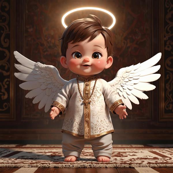 تصویر باکیفیت فرشته پسر بچه با لباس سنتی سفید و طلایی، ایستاده روی فرش ایرانی (مناسب چاپ)