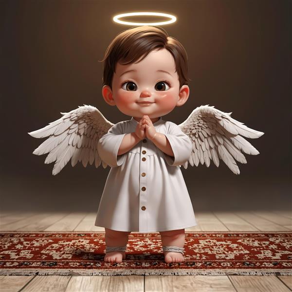 عکس اورجینال پسر بچه فرشته با لباس سفید، ایستاده در حال دعا روی فرش (طرح کودکانه مذهبی)