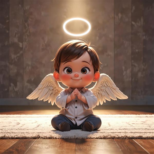 عکس اورجینال پسر بچه فرشته کارتونی، نشسته روی فرش در حال مناجات (کیفیت بالا برای چاپ تابلو)