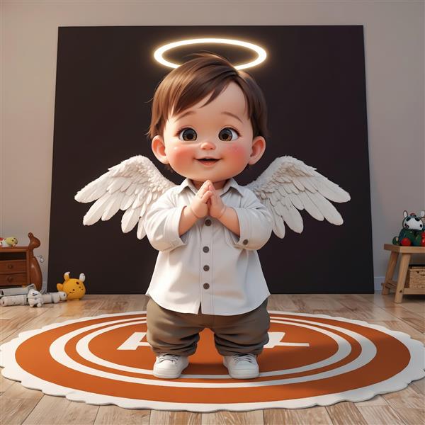 دانلود عکس فرشته پسر بچه با لباس مدرن، ایستاده در حال دعا در اتاق کودک (طرح دکوراتیو و پوستر)