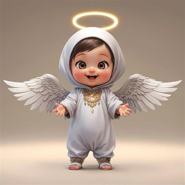 تصویر باکیفیت فرشته کوچولو با لباس سرهمی سفید و دست‌های باز، ایستاده و خندان (مخصوص چاپ تابلو)