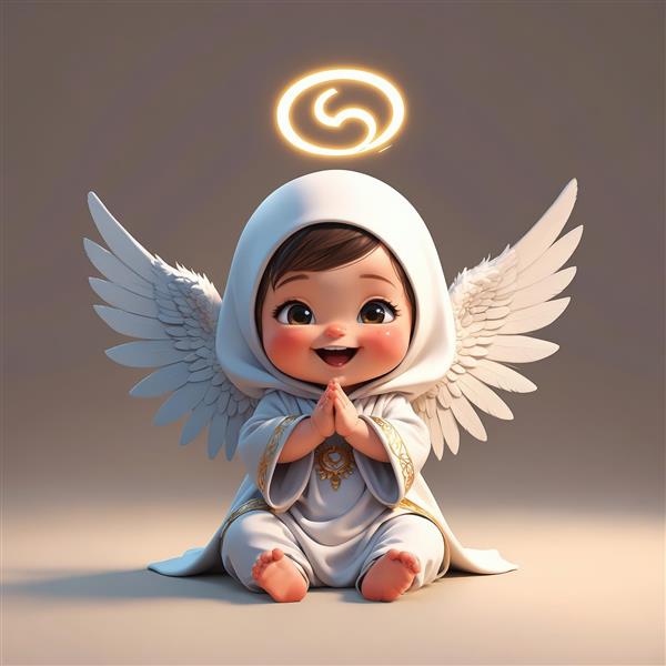 عکس کودک فرشته شاد با لباس سفید کلاهدار، نشسته در حال دعا (تصویرسازی مذهبی کودکانه باکیفیت)