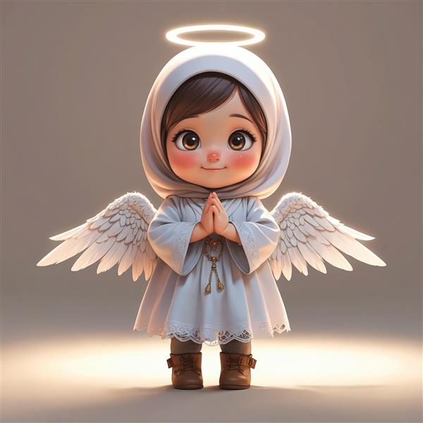 کاراکتر سه‌بعدی فرشته دختر محجبه با لباس طوسی و حجاب سفید، ایستاده (مفهوم پاکی و معصومیت)