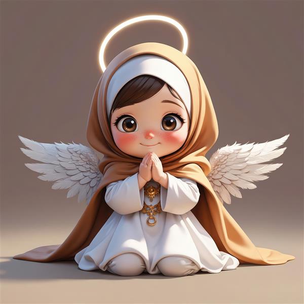 عکس استوک فرشته دختر محجبه با شال قهوه‌ای، زانو زده در حال راز و نیاز (طرح دکوراتیو اتاق کودک)