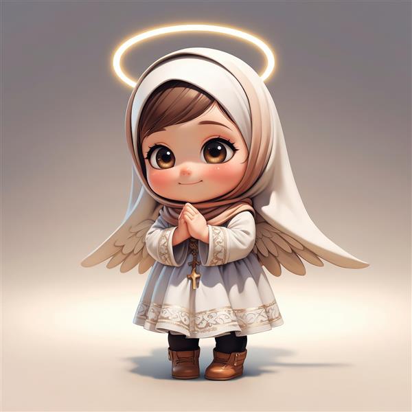 تصویرسازی فرشته دختر با حجاب سفید و گردنبند صلیب، ایستاده در حال دعا (کاراکتر مذهبی کودک)