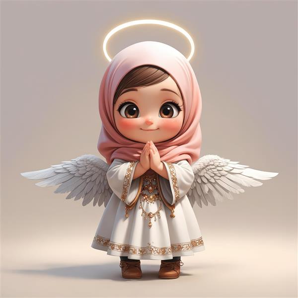 دانلود کاراکتر فرشته محجبه با لباس سفید و حجاب صورتی، ایستاده (مدل کودکانه مذهبی برای چاپ)