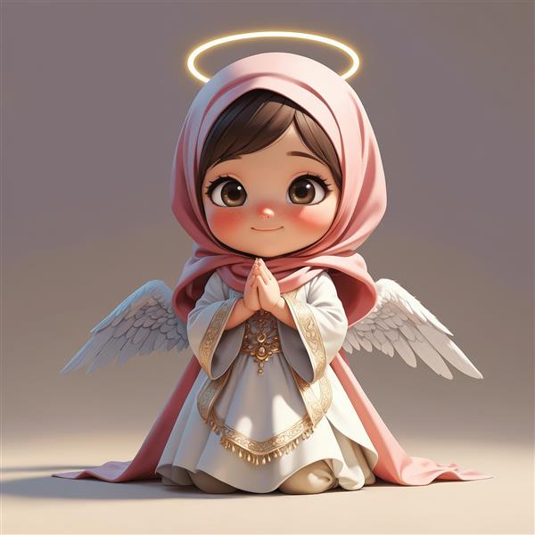 طرح سه‌بعدی فرشته کودک محجبه با چادر صورتی، زانو زده در حال مناجات (کیفیت بالا برای چاپ دکوراتیو)