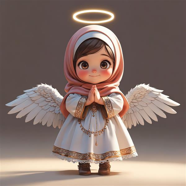 عکس باکیفیت فرشته دختر محجبه با حجاب صورتی، ایستاده در حال دعا (مناسب جشن تکلیف و پوستر)