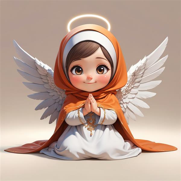 کودک فرشته محجبه با شال نارنجی سوخته، زانو زده در حال دعا و ذکر (مناسب طراحی‌های مذهبی)