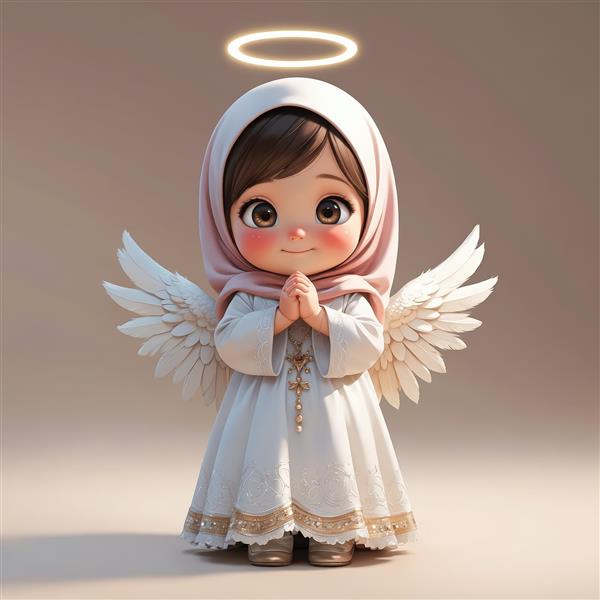 طرح باکیفیت فرشته محجبه با روسری صورتی کمرنگ و لباس سفید، در حال مناجات (زیبا و دکوراتیو)