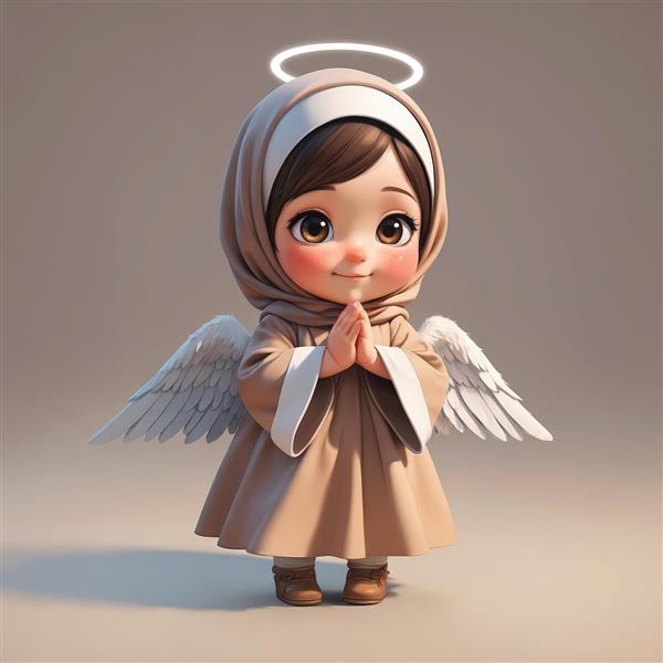 تصویر فرشته دخترانه محجبه با شال کرم، دست‌های در حال عبادت و نگاه معصوم (مدل سه‌بعدی کودک)