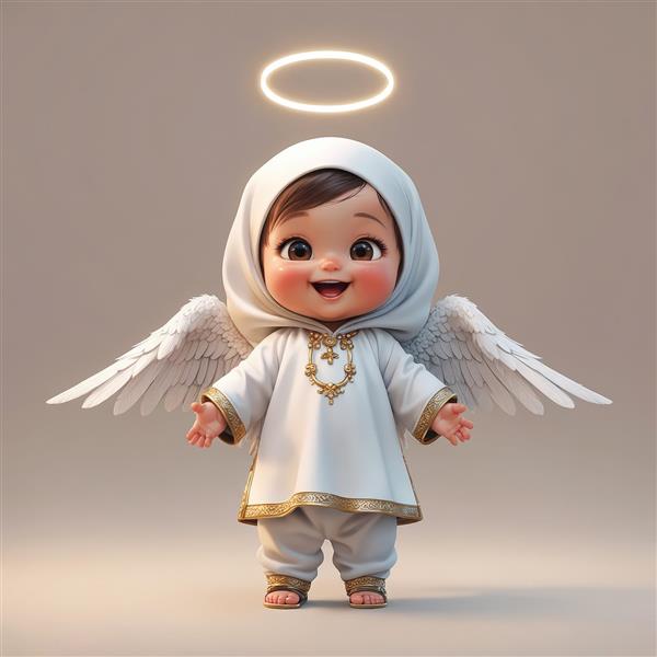تصویر استوکی فرشته کودک محجبه با لباس سفید و کلاه (هودی)، ایستاده با دست‌های باز و خوشحال