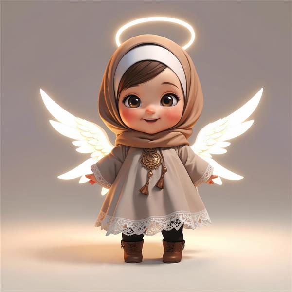 عکس سه‌بعدی دختر فرشته محجبه با استایل مدرن و تور سفید در پایین لباس، ایستاده (مدل لباس جشن تکلیف)