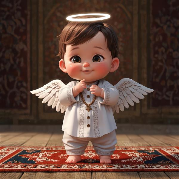 کاراکتر کارتونی پسر بچه فرشته با لباس سنتی سفید و گردنبند، ایستاده روی فرش ایرانی (عکس اورجینال با کیفیت