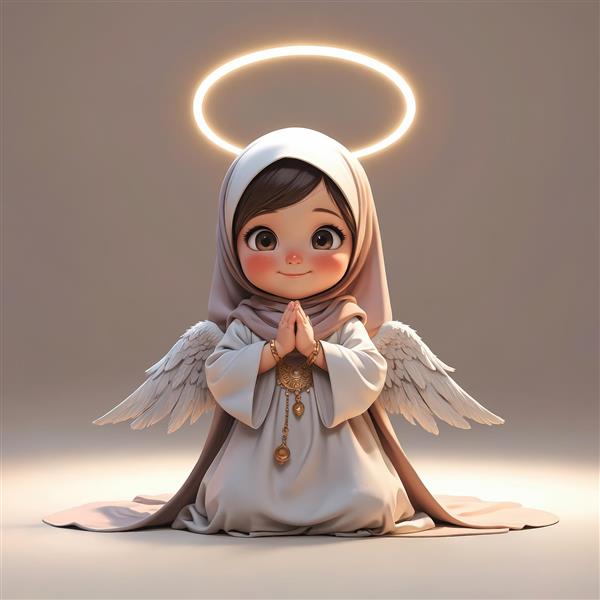 دانلود طرح گرافیکی دختر فرشته کارتونی محجبه، در حال دعا و مناجات به رنگ کرم و قهوه‌ای، زانو زده