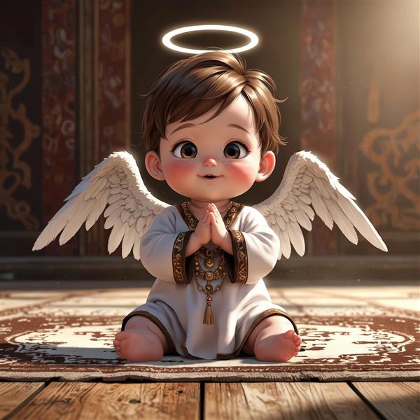 عکس استوک فرشته پسر بچه کارتونی در حال دعا کردن، با هاله‌ی نور و پس‌زمینه سنتی فرش و کف چوبی