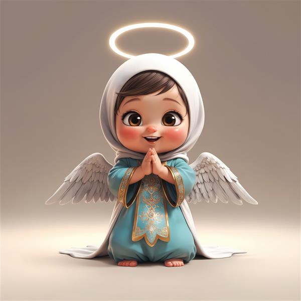 تصویر باکیفیت کاراکتر فرشته کوچولو با حجاب و لباس آبی فیروزه‌ای، در حال راز و نیاز (مدل سه‌بعدی کودکانه)