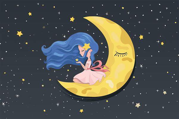 پوستر دیواری سه‌بعدی کودک زمینه تیره ماه و ستاره