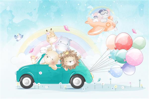 پوستر دیواری کودک حیوانات با تم رنگی آبی فیروزه ای