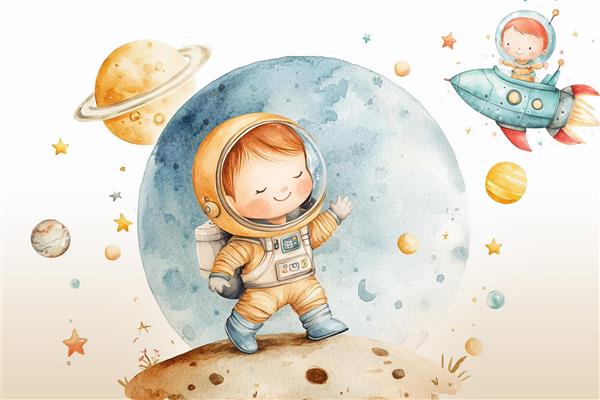 پوستر دیواری کودکانه با کودک فضانورد و زمینه کرمی خاص