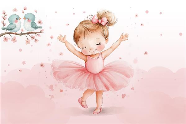 پوستر دیواری کودک پرنسسی با زمینه صورتی پاستلی